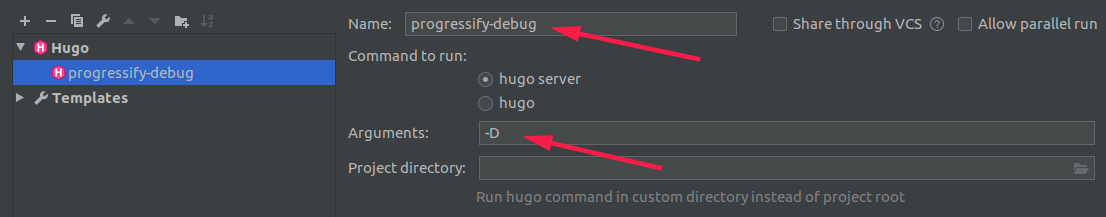 PyCharm configurazione build hugo