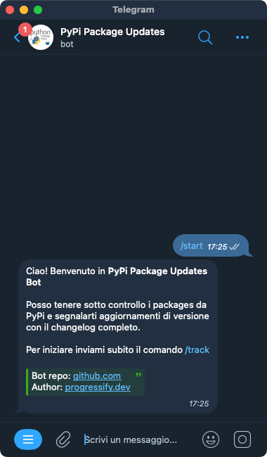 PyPi Package Updates comando /start