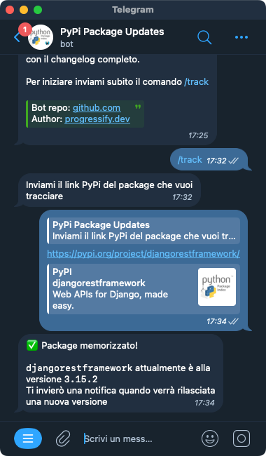 PyPi Package Updates comando /track